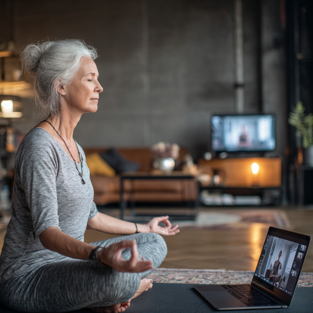 Жінка 58 років займається йогою вдома перед ноутбуком, на екрані якого транслюється онлайн-заняття