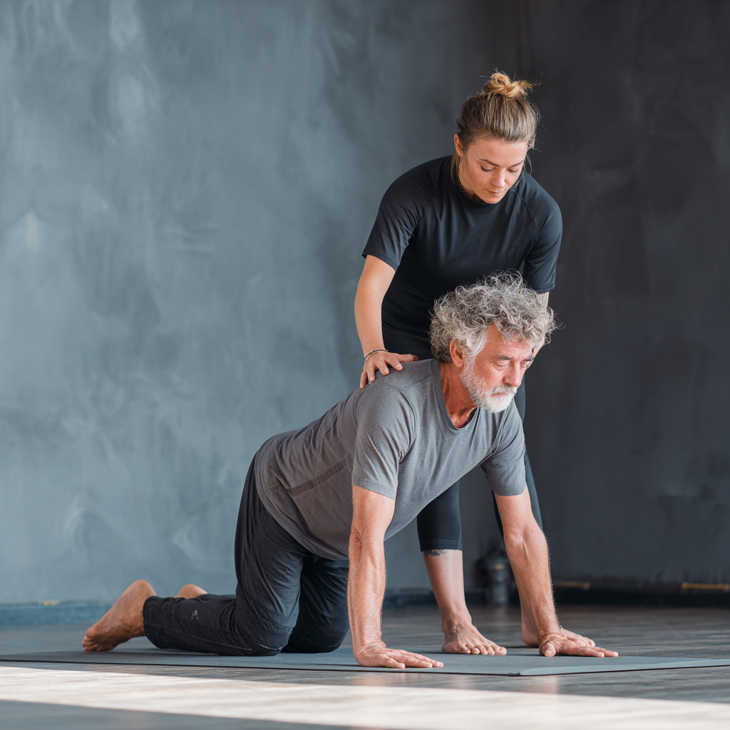 Чоловік 60 років виконує асану йоги в студії, інструктор допомагає з правильним положенням тіла