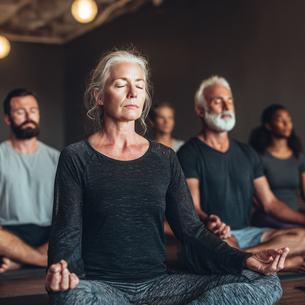 Група людей середнього віку медитує в спокійній позі лотоса в затишній студії з м'яким освітленням